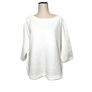 Max Studio Cream Waffle Knit Sweater Boxy 3/4‎ Sleeves Side Slits Women Large